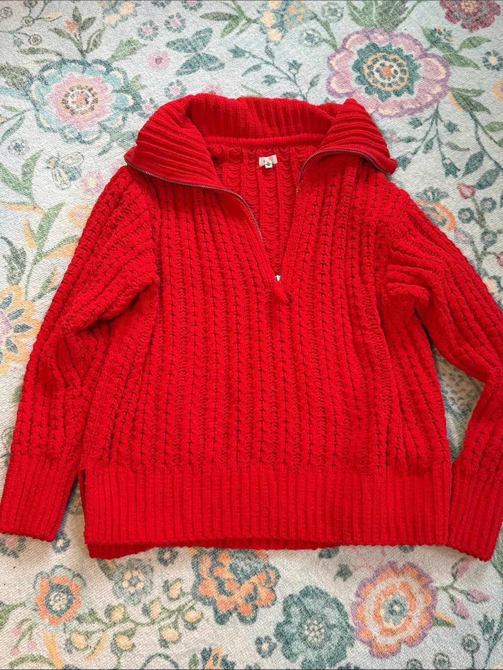 Classic Red Cable-Knit Half-Zip chenille aerie Sweater medium NWOT